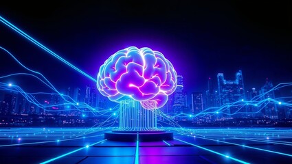 Futuristische KI-Landschaft mit leuchtendem Gehirn