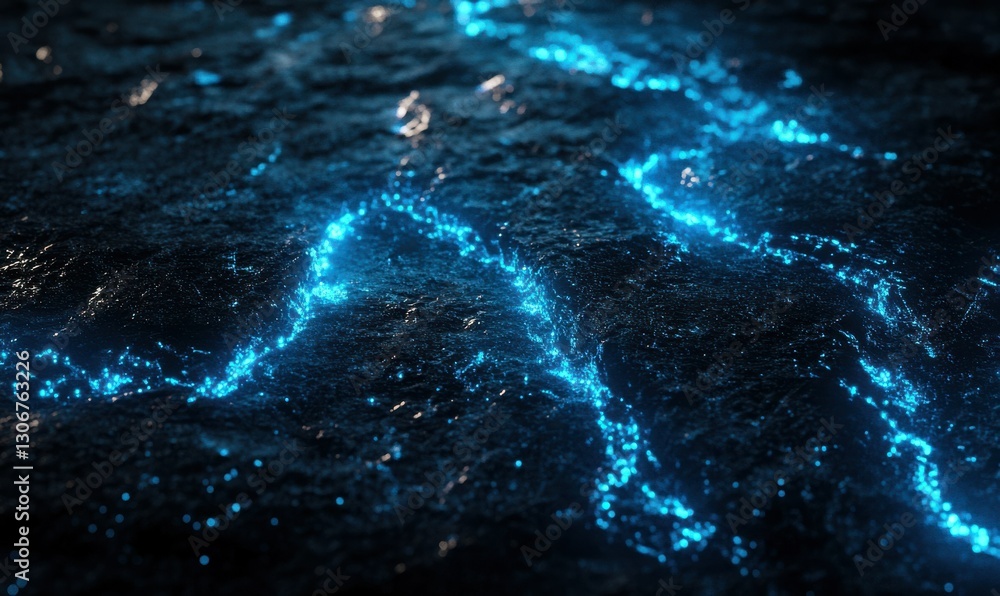 Poster futuristic glowing blue light trails moving dynamically across a dark textured surface, creating a s