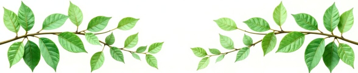 Leafy branches with delicate leaves in shades of green isolated on white background, organic, texture