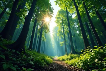 Obraz premium Forest foliage breaks apart as light pierces through dense canopy, forest, sky, blue