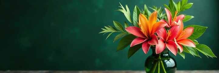 Fototapeta premium Tropical flowers in a vase with leaves and branches, greenery, leaf, plant