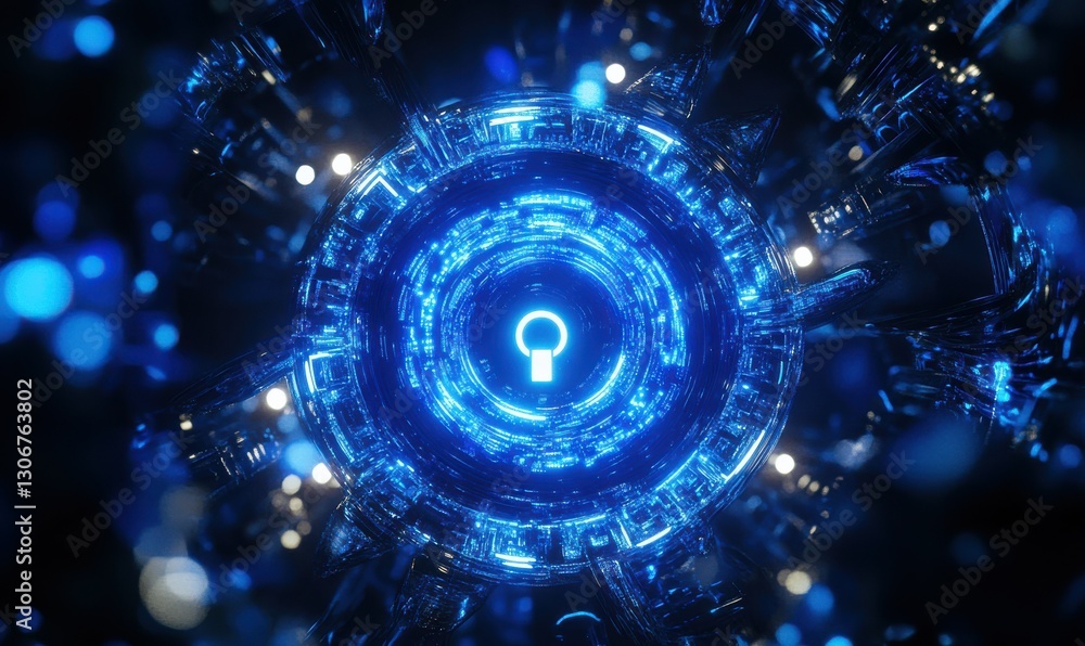 Poster glowing blue security lock icon surrounded by illuminated digital elements symbolizing data protecti