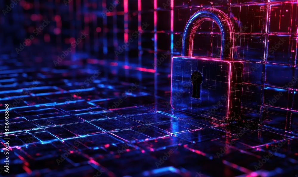 Aufkleber glowing digital padlock on a dark grid background illuminated by blue and red light representing cyb