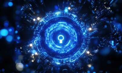 Glowing blue security lock icon surrounded by illuminated digital elements symbolizing data protection in a futuristic visual .