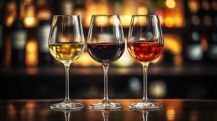 restaurant bar counter with three glasses of wine elegant alcohol glassware perfect for classy lifestyle fine dining stylish social drinks and evening party atmosphere