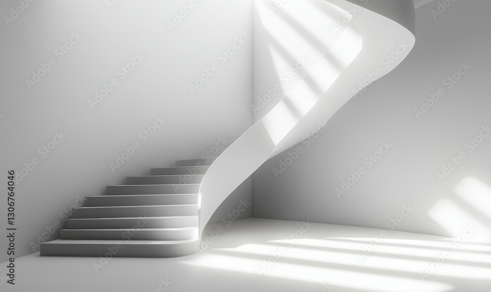 Poster minimalist staircase with sharp geometric lines, illuminated by soft sunlight casting shadows on cle