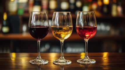 restaurant bar counter with three glasses of wine elegant alcohol glassware perfect for classy lifestyle fine dining stylish social drinks and evening party atmosphere