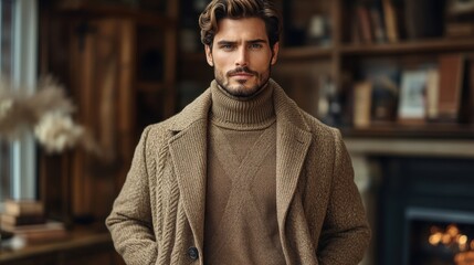 elegant gentleman in a modern casual brown sweater and trousers holding a coat the setting emphasizes style and confident demeanor