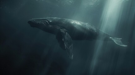 Obraz premium Whale swimming for ocean sunlight, deep sea.