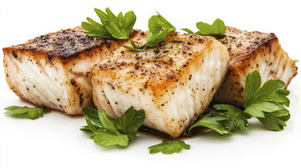 Grilled fish fillets garnished with fresh herbs, showcasing delicious meal