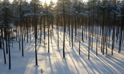 Obraz premium Scenic aerial view of a snowy forest with tall pine trees, soft morning light creating long shadows and a peaceful winter vibe