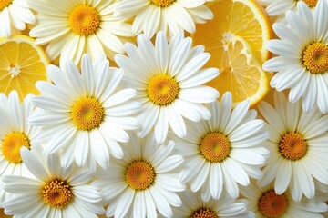 Fototapeta premium Pile of white and yellow daisies with citrus wedges, arrangement,