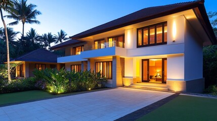 Modern villa at twilight with illuminated exterior and lush tropical landscaping