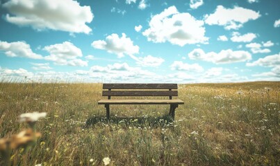 Serene bench under a wide-open sky with soft clouds, set in a peaceful countryside field for a tranquil escape.
