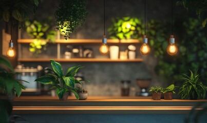 Modern coffee shop with vibrant green plants, sleek wooden furniture, and warm hanging lights creating a welcoming and trendy vibe