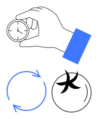 Hand gripping stopwatch, two blue arrows forming a circle, and a tomato. Ideal for time management, process optimization, sustainability, productivity, recycling, efficiency flat simple metaphor