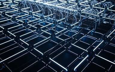 Neon grid light pattern in dark space