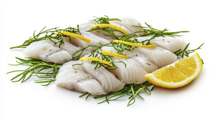 Fresh fish fillets garnished with herbs and lemon slices