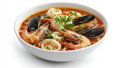 Delicious seafood soup with shrimp, mussels, and squid garnished with herbs