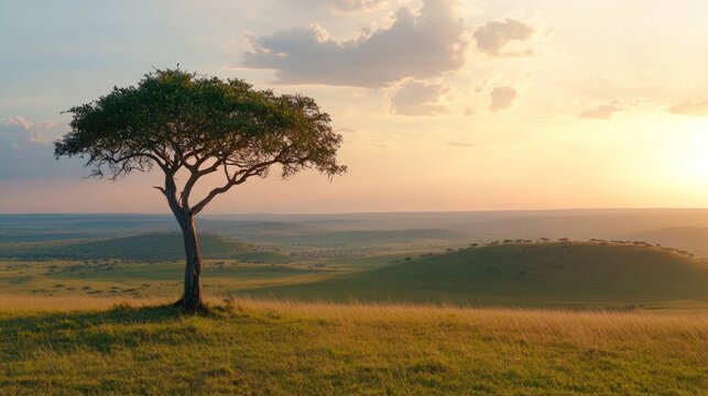 Lone acacia tree on grassy hill at sunset.