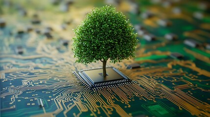 sustainable technology concept with tree growing on circuit board representing green computing csr eco innovation digital ethics it responsibility and modern environment systems