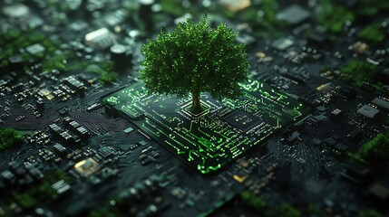 sustainable technology concept with tree growing on circuit board representing green computing csr eco innovation digital ethics it responsibility and modern environment systems