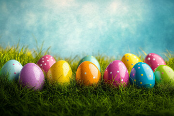 A whimsical design featuring colorful Easter eggs in a lush meadow, perfect for spring celebrations, Easter events, and festive marketing campaigns.