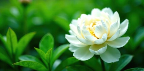 Fototapeta premium White peony flowers unfurl on a bed of emerald green, flora, plantlife, leafy