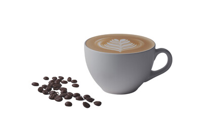 Steaming hot cappuccino with perfect latte art, white ceramic cup, coffee beans scattered around, professional studio lighting, ultra-detailed, white background