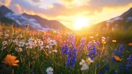 Fototapeta premium an Alpine meadow with wildflowers, capturing a vivid contrast of colors against the sky at sunset