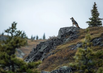 tundra with scattered evergreen trees, a lone wolf perched on a rocky outcrop surveying the surroundings