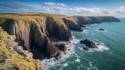 Fototapeta premium rugged coastline with crashing waves, showcasing the contrasting hues of the azure sea and rocky terrain under the bright midday sun