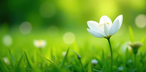 White petals unfolding in a lush green meadow, flowers, blooming flowers