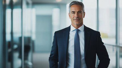 Fototapeta premium confident businessman in suit stands in modern office environment, exuding professionalism and leadership.