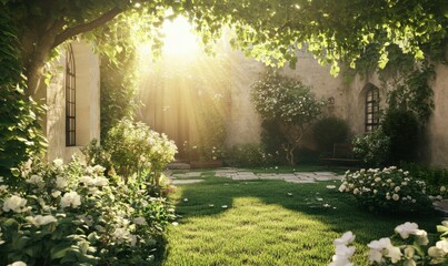 Lush green garden with sunlight filtering through the foliage, casting soft golden light and creating a serene natural setting