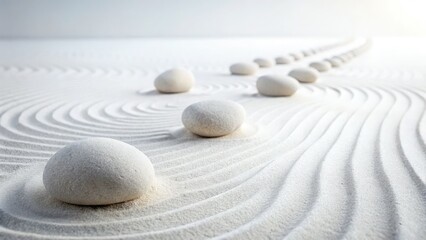 White backdrop highlights smooth zen garden rocks, capturing stillness and meditation in a minimalist, peaceful, abstract image.