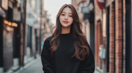 Fototapeta premium young Asian woman with long hair stands confidently narrow urban street, wearing black sweater. background features brick buildings and soft lighting.