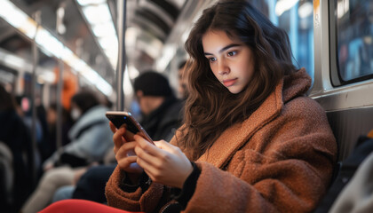 Woman in subway train deeply absorbed in smartphone, symbolizing social media addiction, digitalization. She Lost in screen emphasizing disconnection in modern society. Social media and tech concept