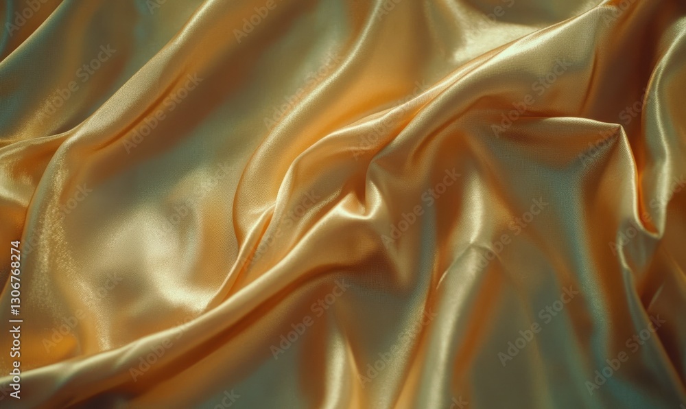 Poster luxurious flowing gold satin fabric with soft ripples illuminated by diffused light emphasizing its 