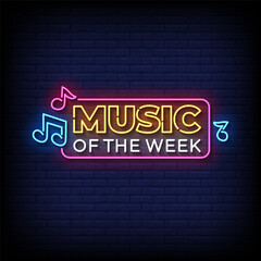 music of the week neon sign with brick wall background vector