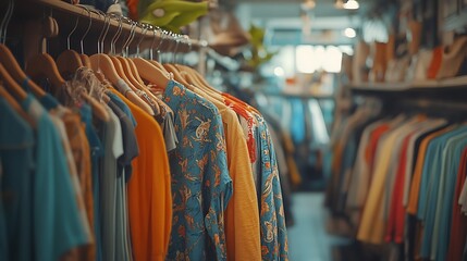 Obraz premium second hand vintage clothes collection with 80s and 90s retro fashion styles displayed in thrift shop creating nostalgic and sustainable fashion concept