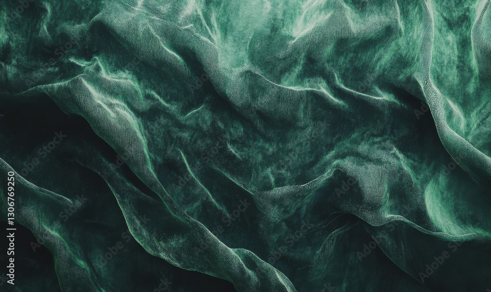 Poster luxurious velvet fabric in deep emerald green with smooth ripples illuminated by diffused light emph