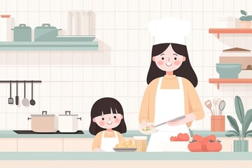 Happy Mother and Daughter Cooking Together in a Bright Kitchen