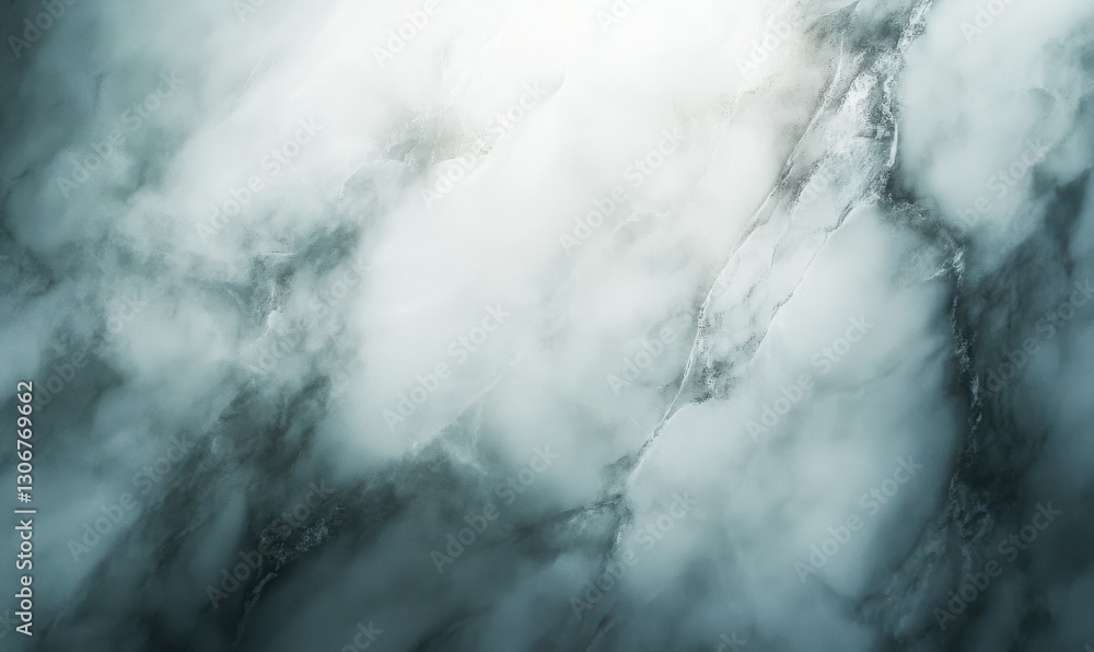 Poster macro shot of a smooth marble texture with swirling dark gray and white patterns, illuminated by sof