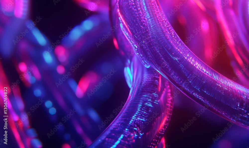 Poster macro shot of dense glowing fiber optic lines illuminated by vibrant neon colors creating a bold and