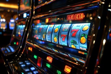 Experience the excitement of a vibrant row of casino slot machines in this captivating image. Get ready for some high-stakes fun and entertainment!