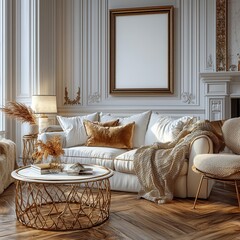 A cozy and elegant living room with soft textures, warm colors, and tasteful decor. Perfect for relaxation and comfort. Copy space, commercial use
