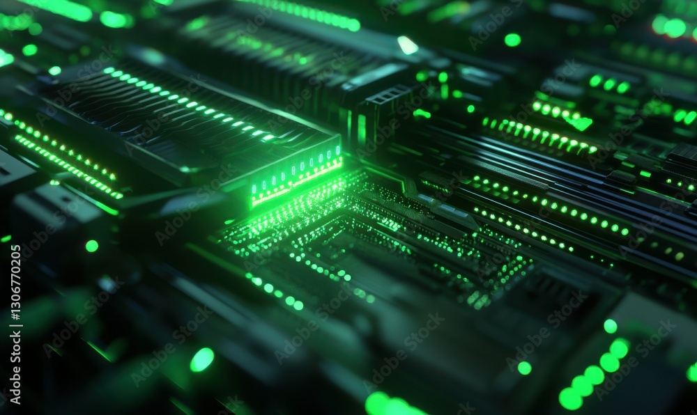 Poster macro shot of glowing green data nodes connected by dynamic lines illuminated by gradient light symb