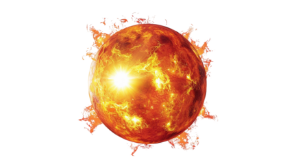 Solar flare, a dramatic burst of radiation from the sun's surface, often linked to solar storms and auroras isolated on transparent background