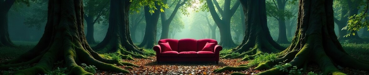 Fototapeta premium Trees lean in to encircle a velvet sofa within an ancient mystical forest's hallowed glade, nature, eerie, glades